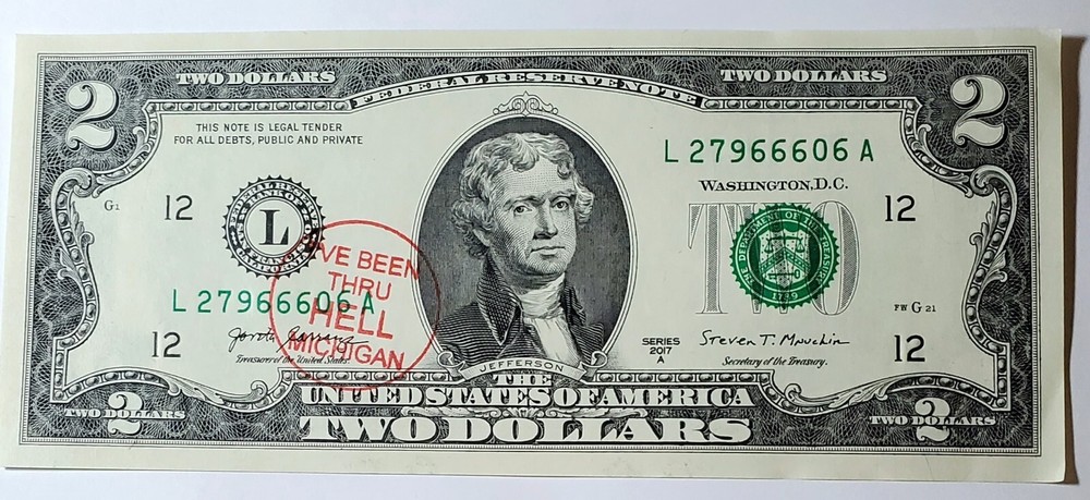 WOW "666" Two Dollar Bill from Hell Michigan Uncirculated