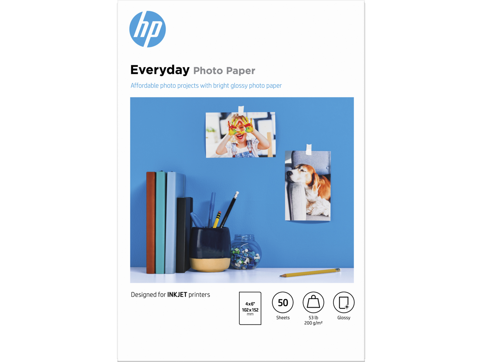HP Everyday Photo Paper, Glossy, 52 lb, 4 x 6 in. (101 x 152 mm), 50 sheets