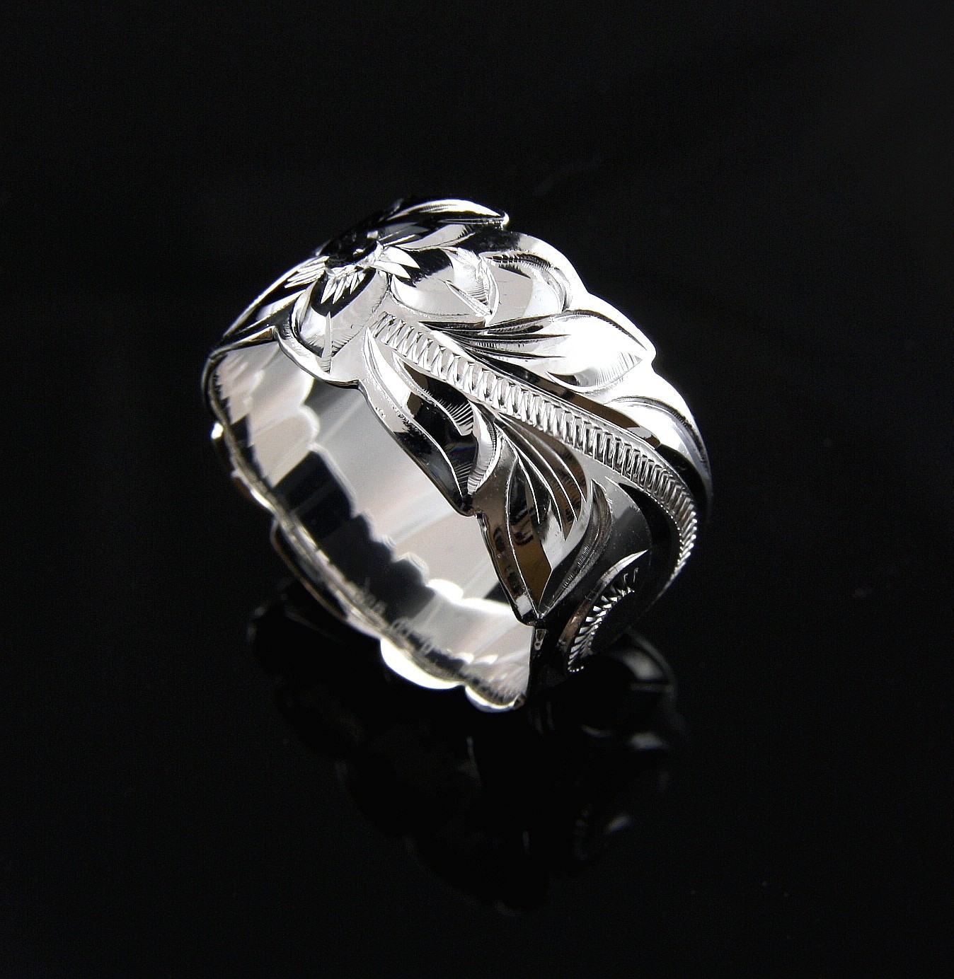 12MM SILVER 925 HAWAIIAN BAND RING PLUMERIA FLOWER SCROLL SCALLOP CUT OUT EDGE