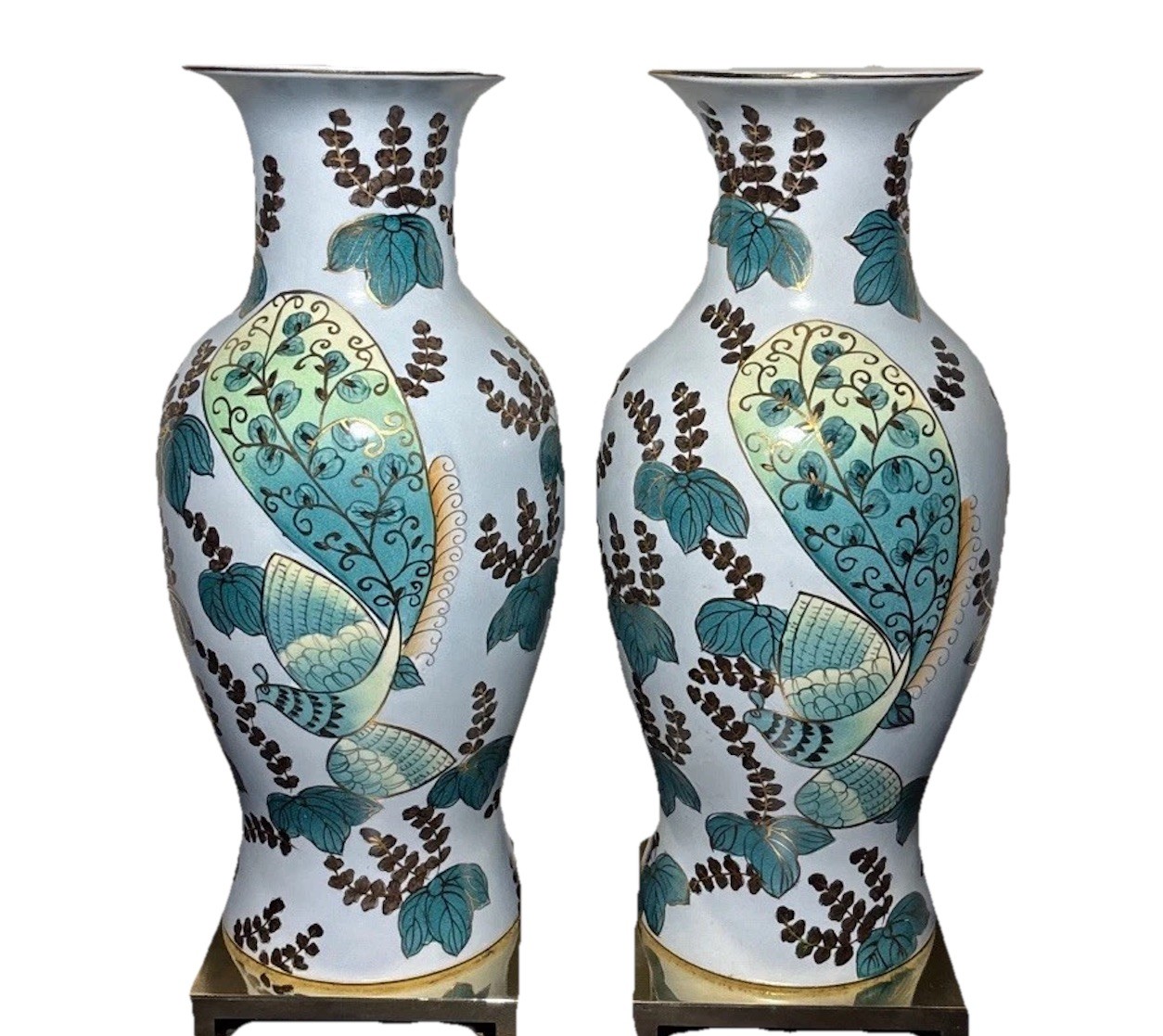 Beautiful Pair of Large Chinese Jingdezhen Porcelain Vases on Brass Stands 16”
