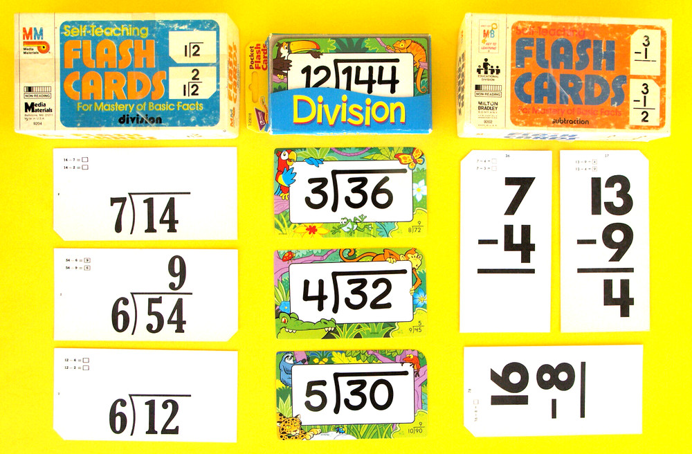 3 MATH FLASH CARDS—SUBTRACT + DIVISION—BASIC FACTS—COLORFUL—STORAGE BOXES