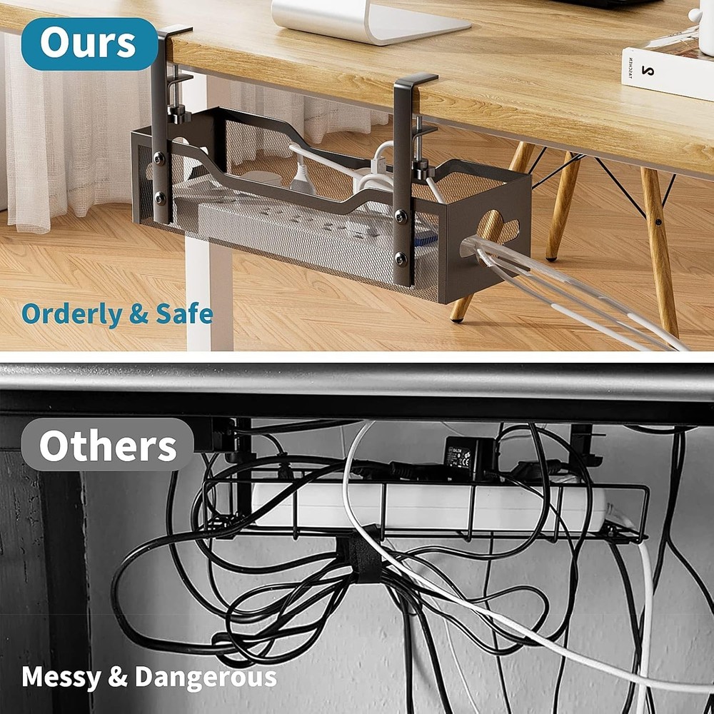 Space-Saving Metal Wire Management Tray for Desks - Easy Clamp Mount System