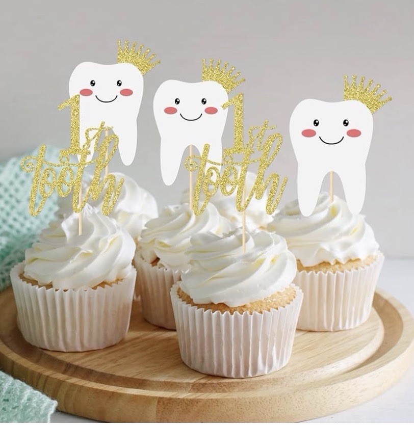 24 pc. First Tooth Cupcake Picks - Double Sided Glitter