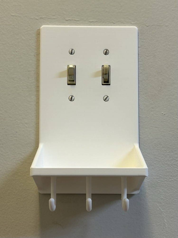 3D Printed Light Switch Plate w/ Shelf & Hooks – ABS Storage Organizer, White