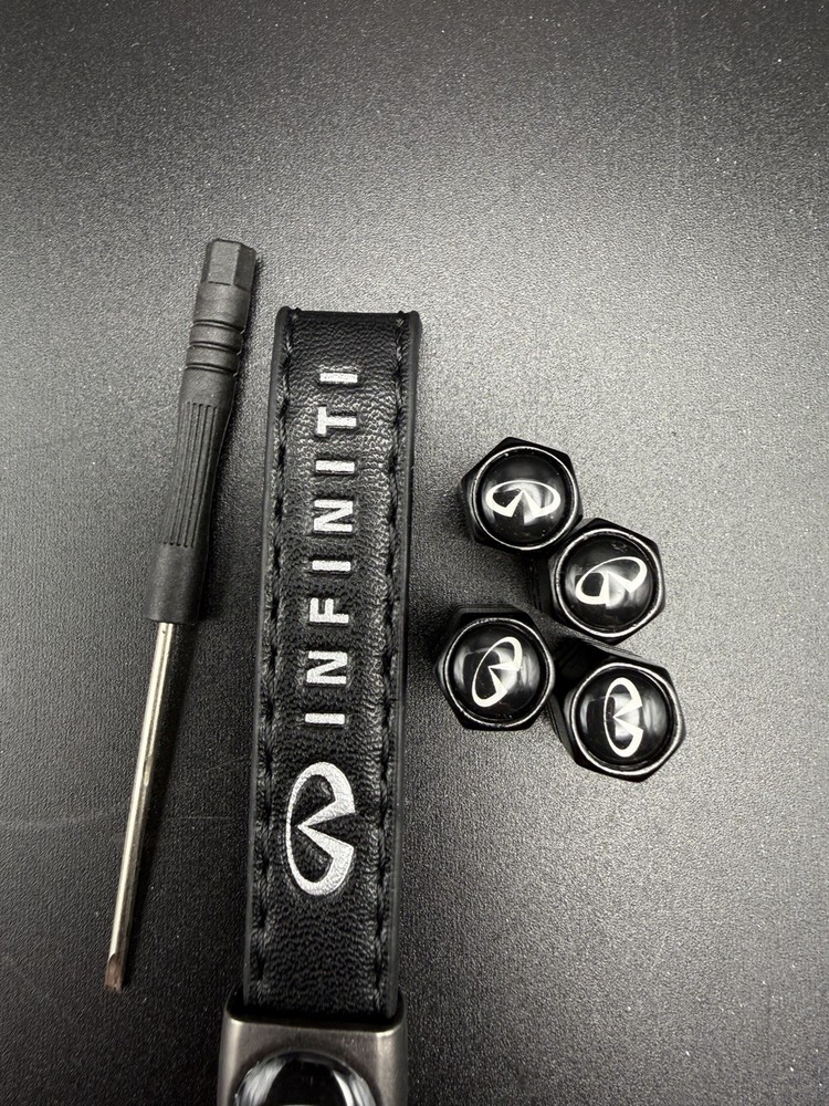 Leather Car Keychain Comparable For Infinity & 4pcs Valve Stem Covers Black NWT