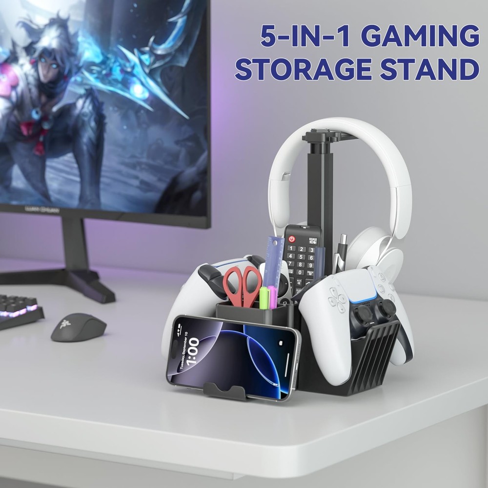 Dual Controller Holder with Headphone Stand - Multi-Functional Desk Storage Box