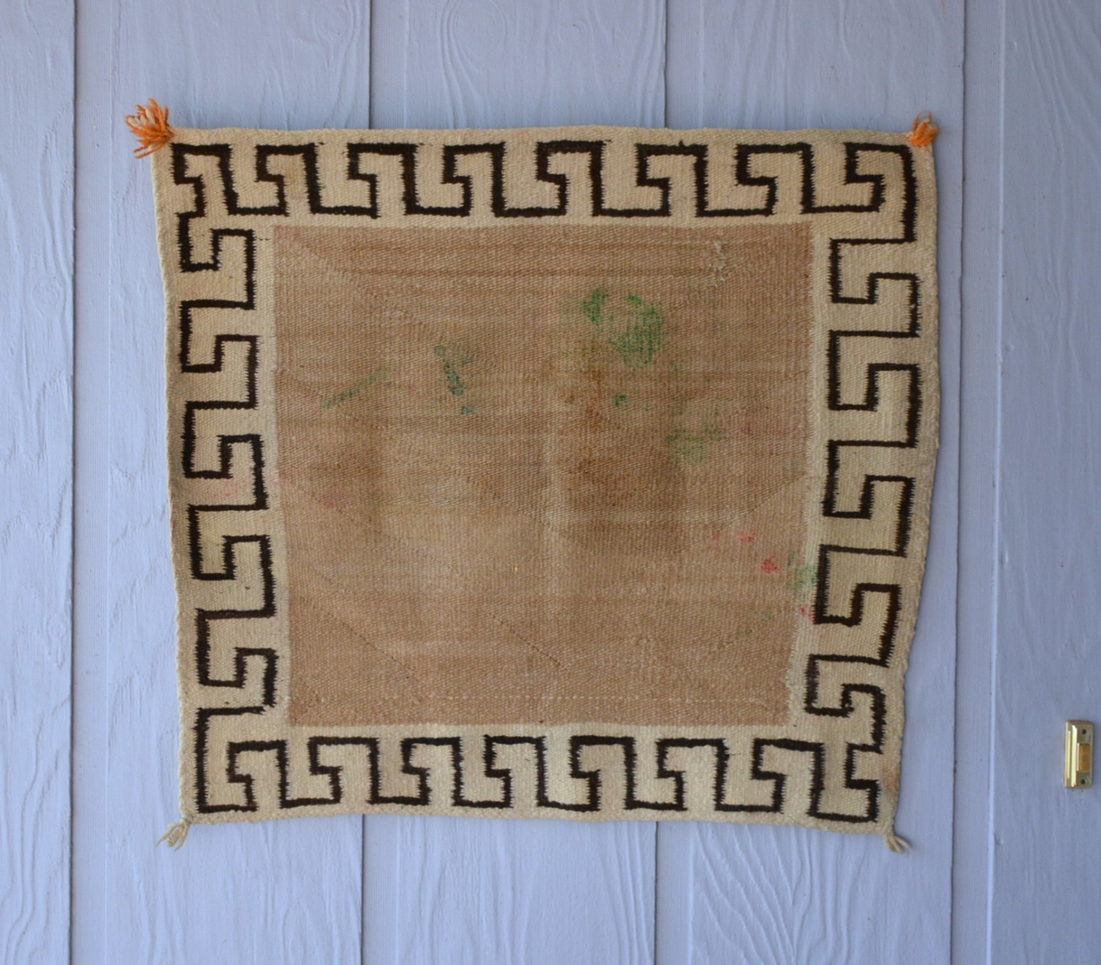 Rare Open Field Navajo Saddle Blanket Rug - Wide Greek Key Border - 28" x 31"