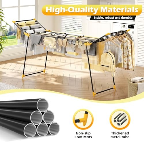 Clothes Drying Rack Foldable, Large Drying Rack Clothing Retractable, Yellow