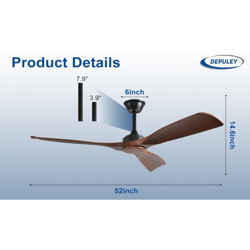 Depuley Ceiling Fan Without Light: 52" 3 Blade Outdoor Fans for Patios - Walnut