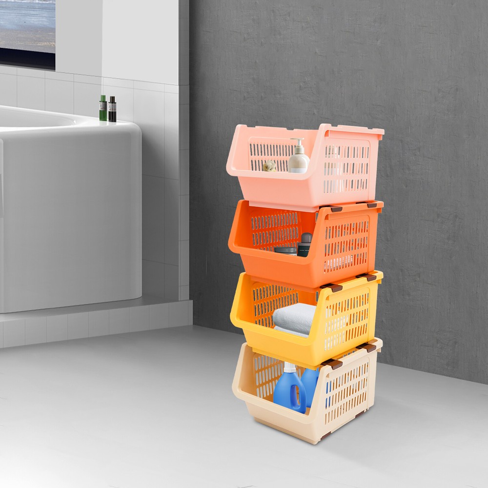 4PACK Household Plastic Storage Baskets, Small Pantry Organizer Bins Stackable