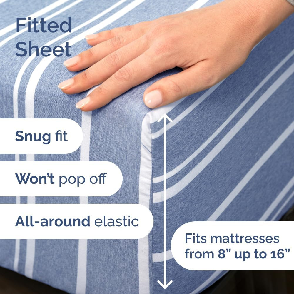 Queen 4-Piece Blue Stripes Sheet Set & 2" Memory Foam Topper