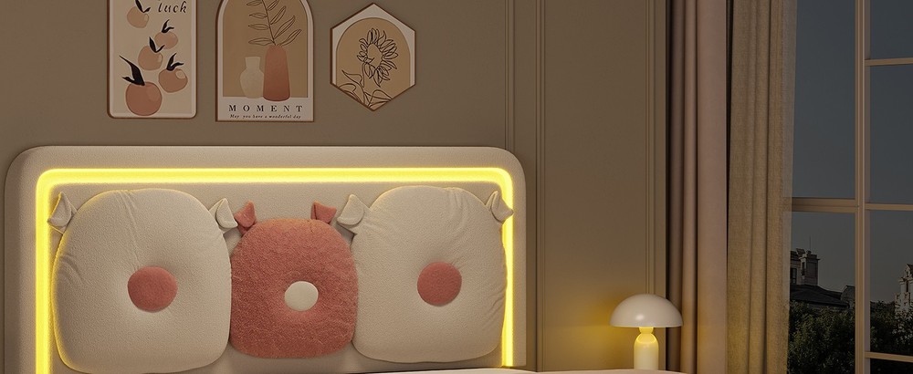 Easy Assembly Upholstered Beige Bed Adjustable Headboad With LED Light