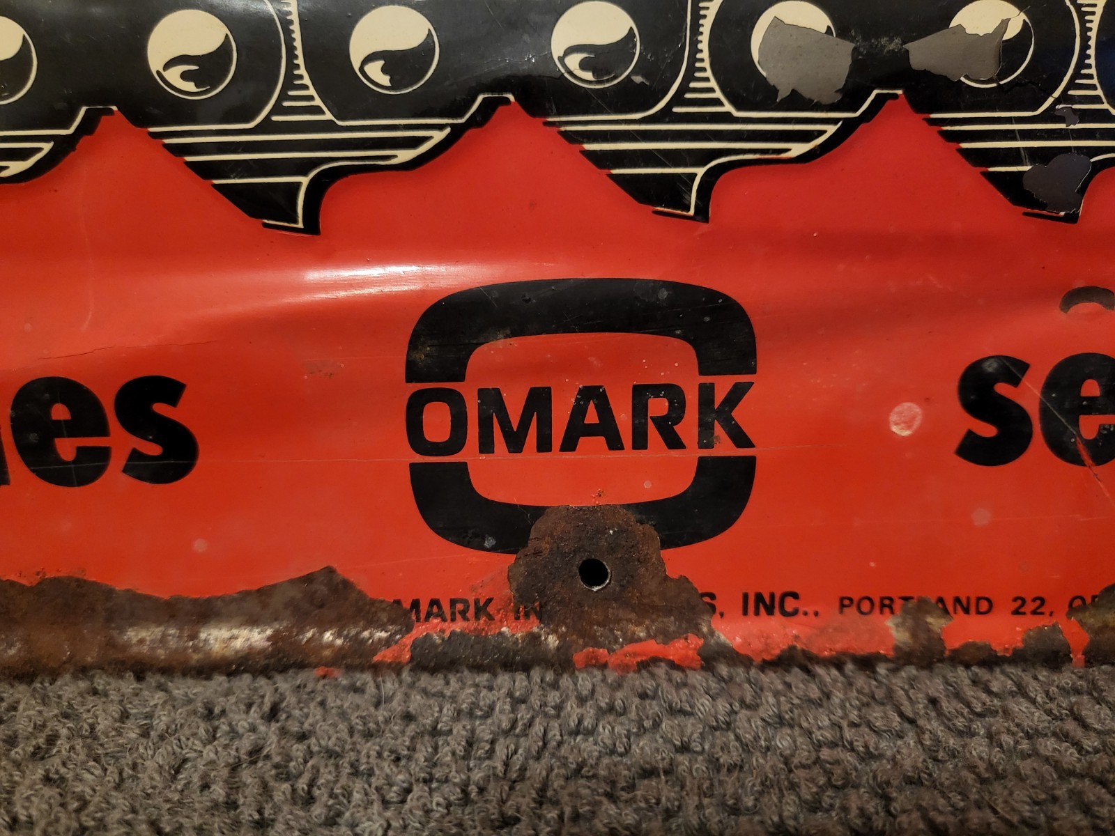 Oregon Chainsaw Advertising Sign, EARLY HEAVY METAL NOT TIN TACKER..