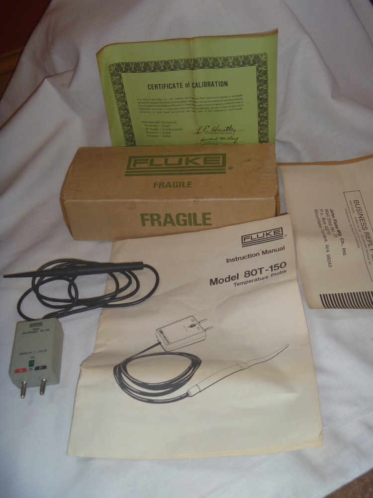 Fluke Instruments 80T-150 Temperature Probe Orig Box, Manual, Certification