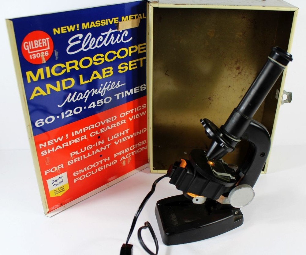 Vintage Gilbert Microscope as Shown Metal Electric Microscope & case only