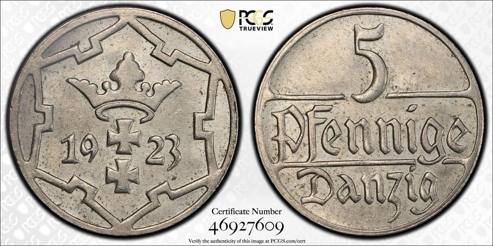1923 Danzig 5 Phenning, PCGS MS 63