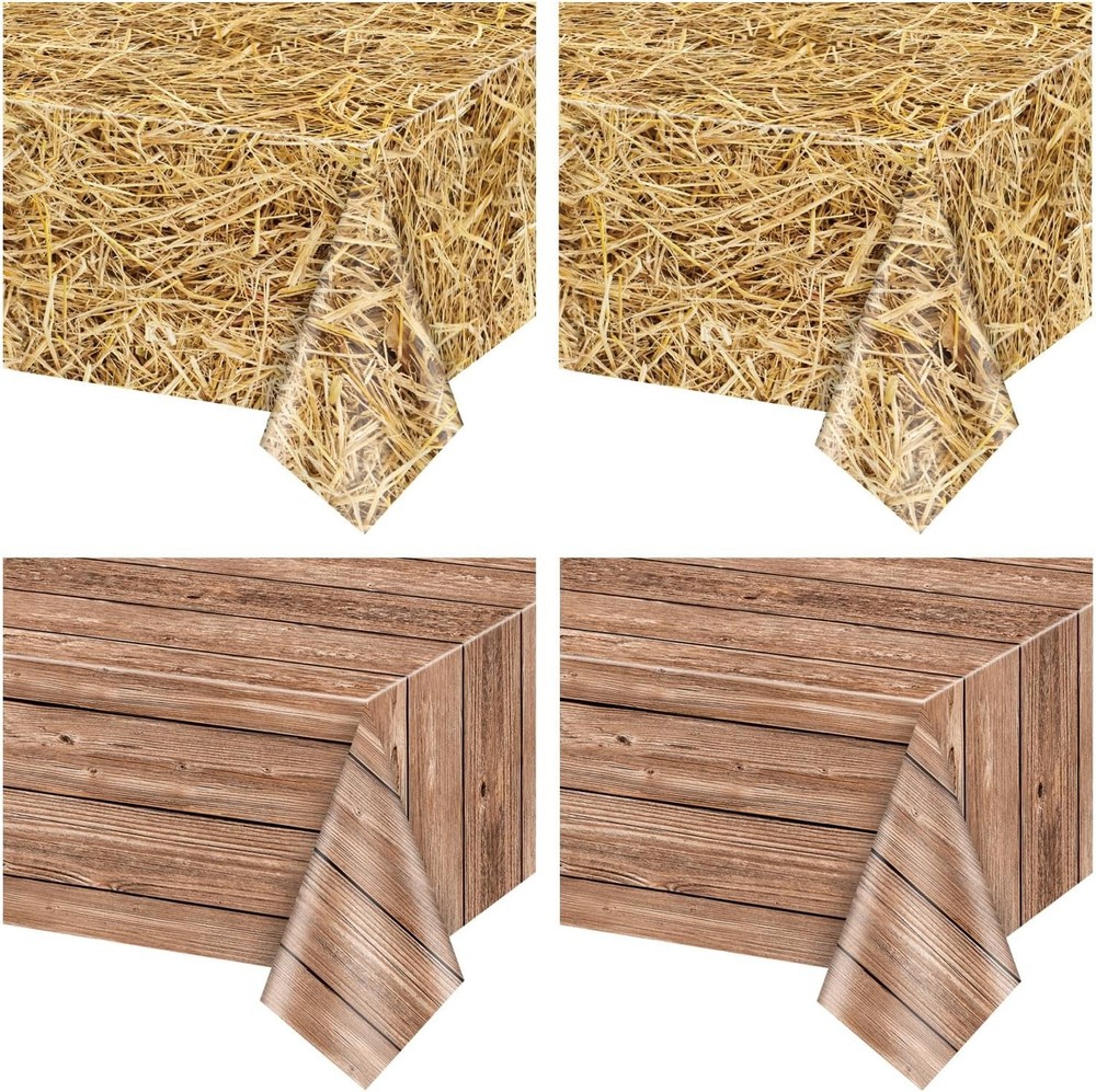 2Pcs Straw Tablecloths and 2Pcs Wood Grain Tablecloths Rectangular Straw Wood Gr