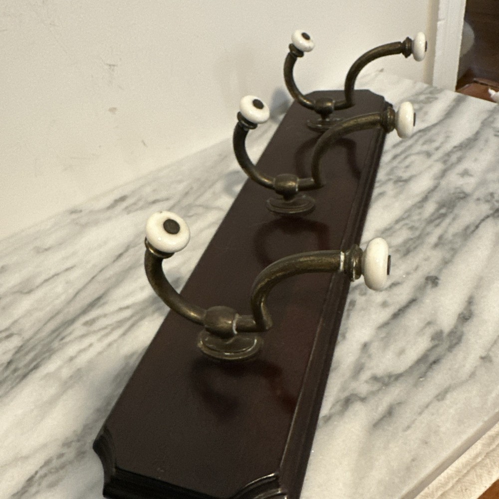 VTG Large Antique Solid Wood Wall Coat Hang Three Brass Hooks Porcelain Knobs