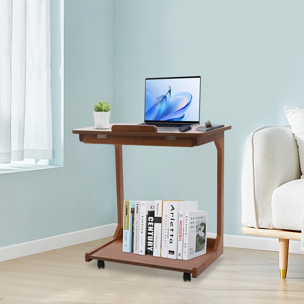 2-tier Walnut-Colored Adjustable Angle C-Shaped End Table With 4-Wheels 55.12lbs