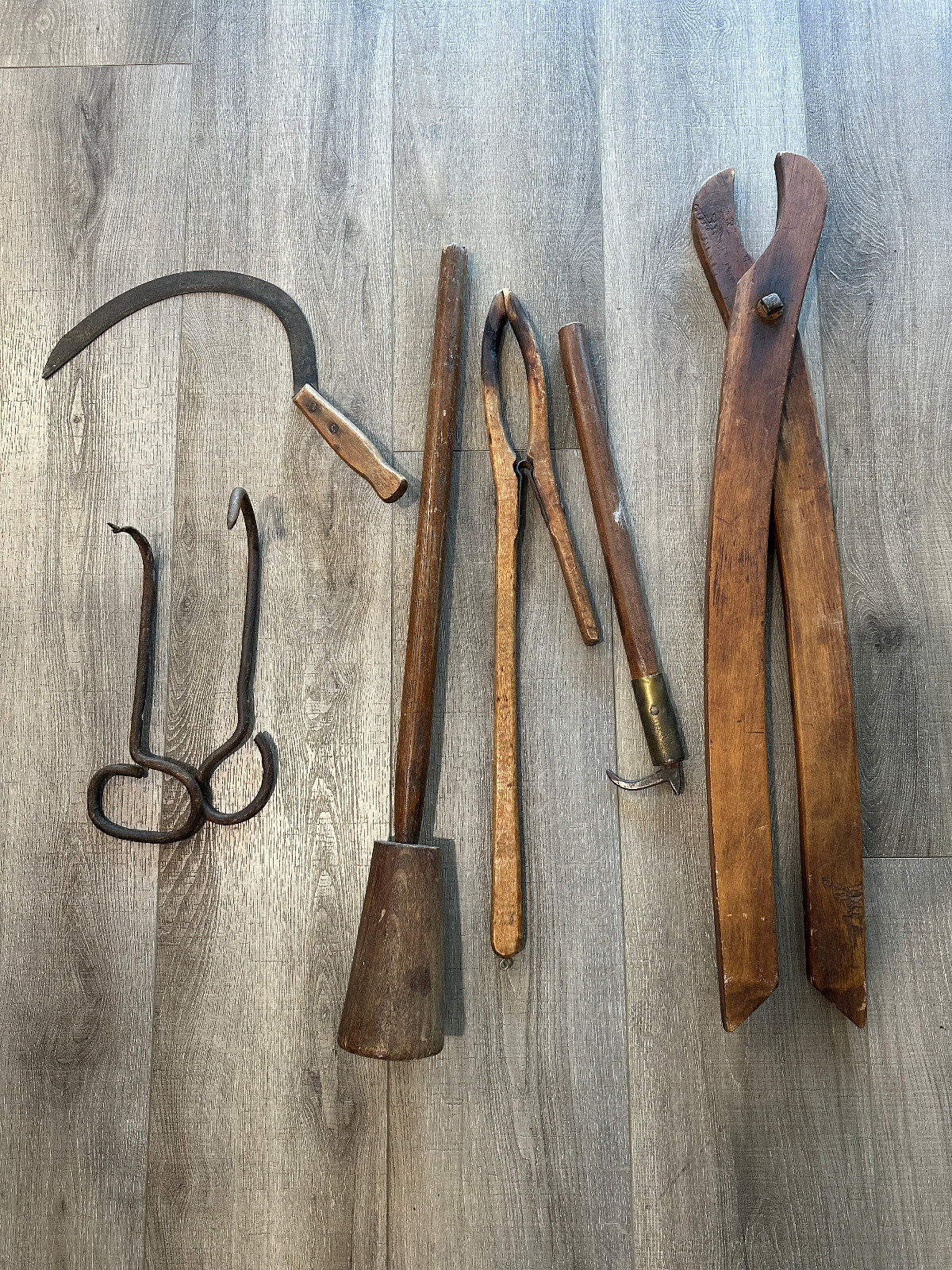 Lot of 7 vintage tools farm antique wooden tongs pliers scythe hooker plunger
