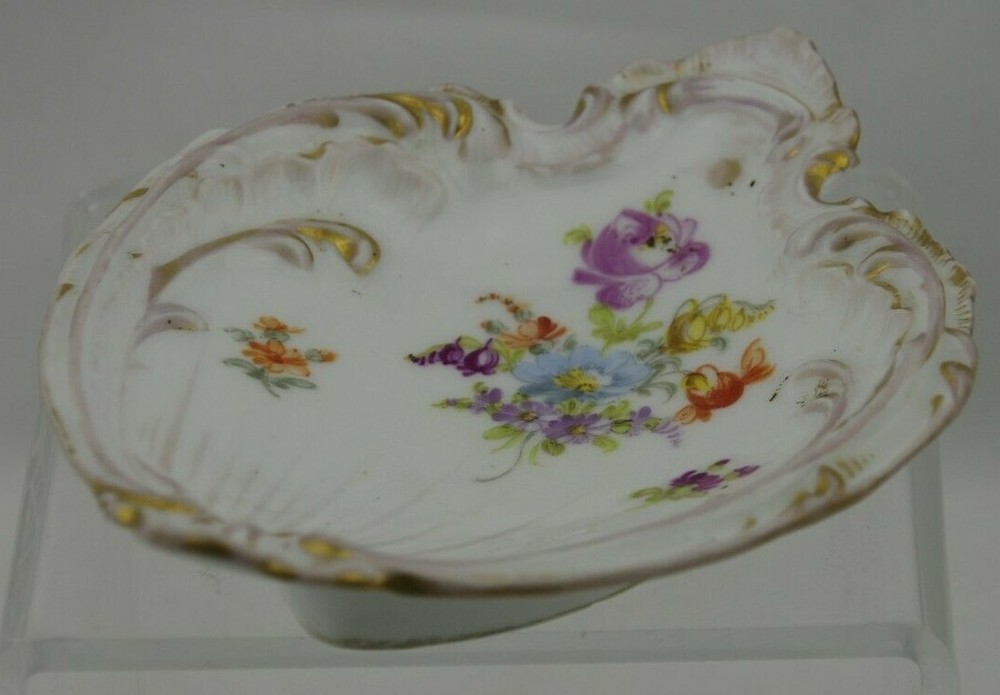 Dresden Flowers Shield Shaped Trinket Dish Germany Scrolls