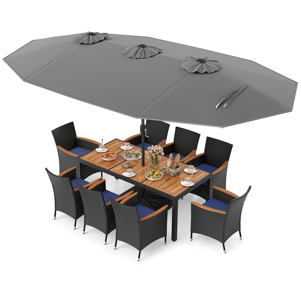 11 PCS Patio Wicker Dining Set w/Double-Sided Outdoor Umbrella 8 Stackable