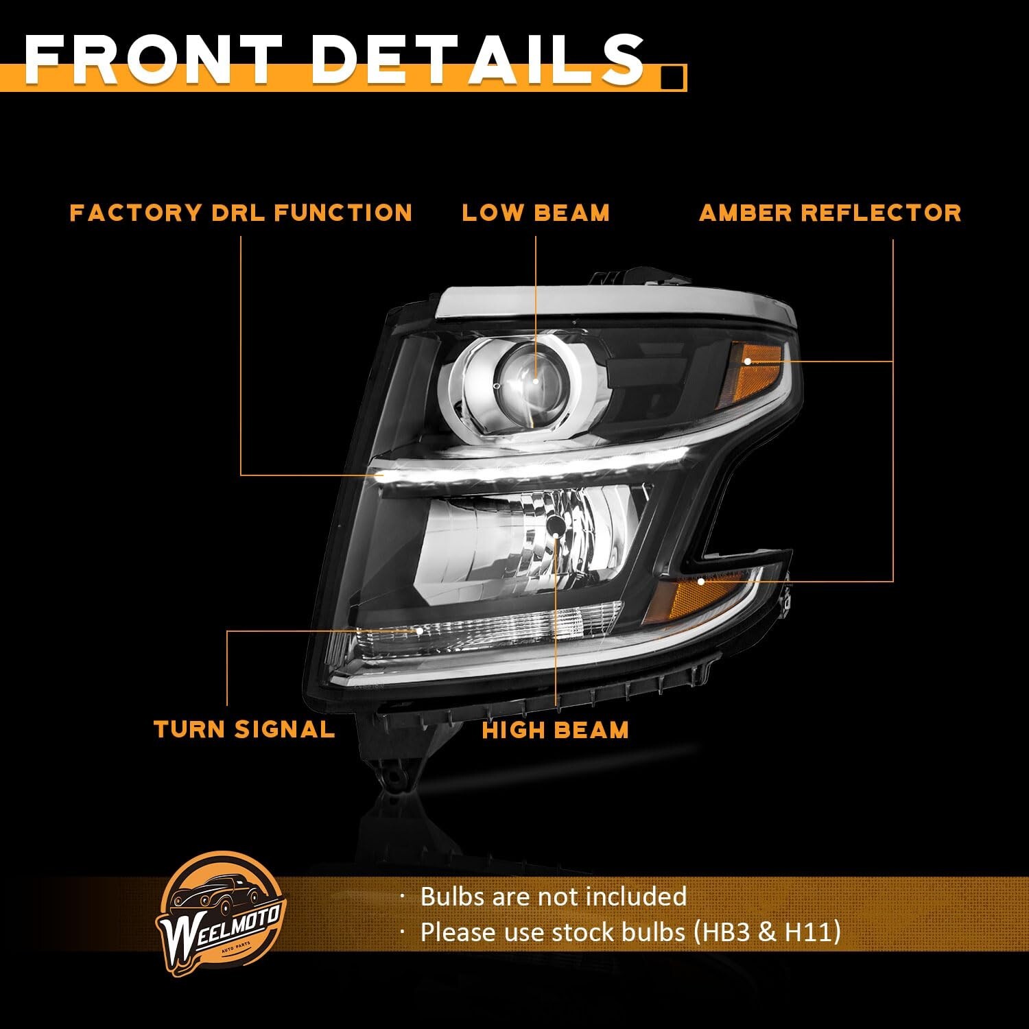 WEELMOTO Black Headlights For 2015-2020 Chevy Tahoe Suburban Chrome Lamps LH+RH