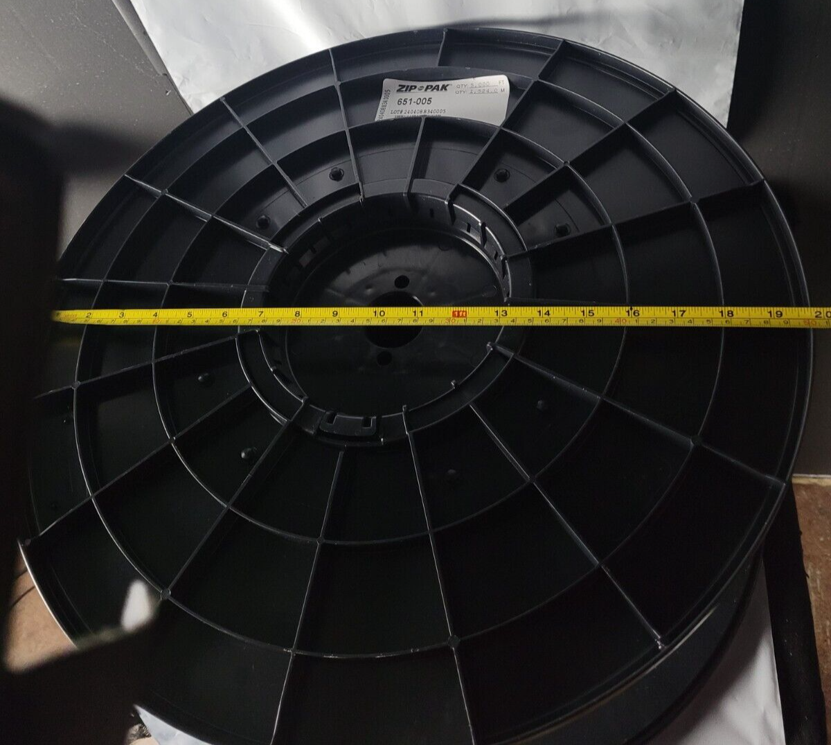 EMPTY LARGE BLACK PLASTIC SPOOL 19 1/2"x10" FOR WIRE ROPE CABLE