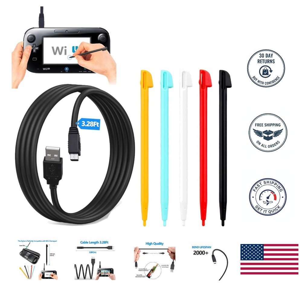 Wii U Gamepad Enhanced with 5 Stylus Pens & Efficient USB Charging Cable - Black
