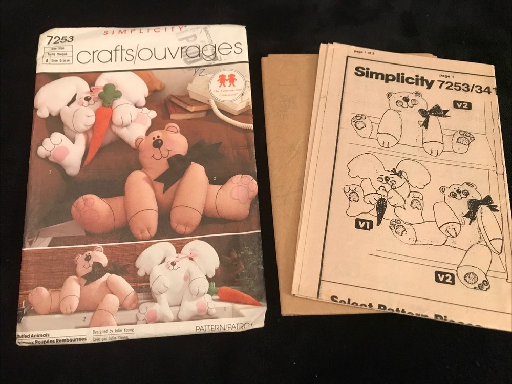 VTG Simplicity Sewing Pattern 7253 Stuffed Animals 1985 Rabbit Bear Uncut