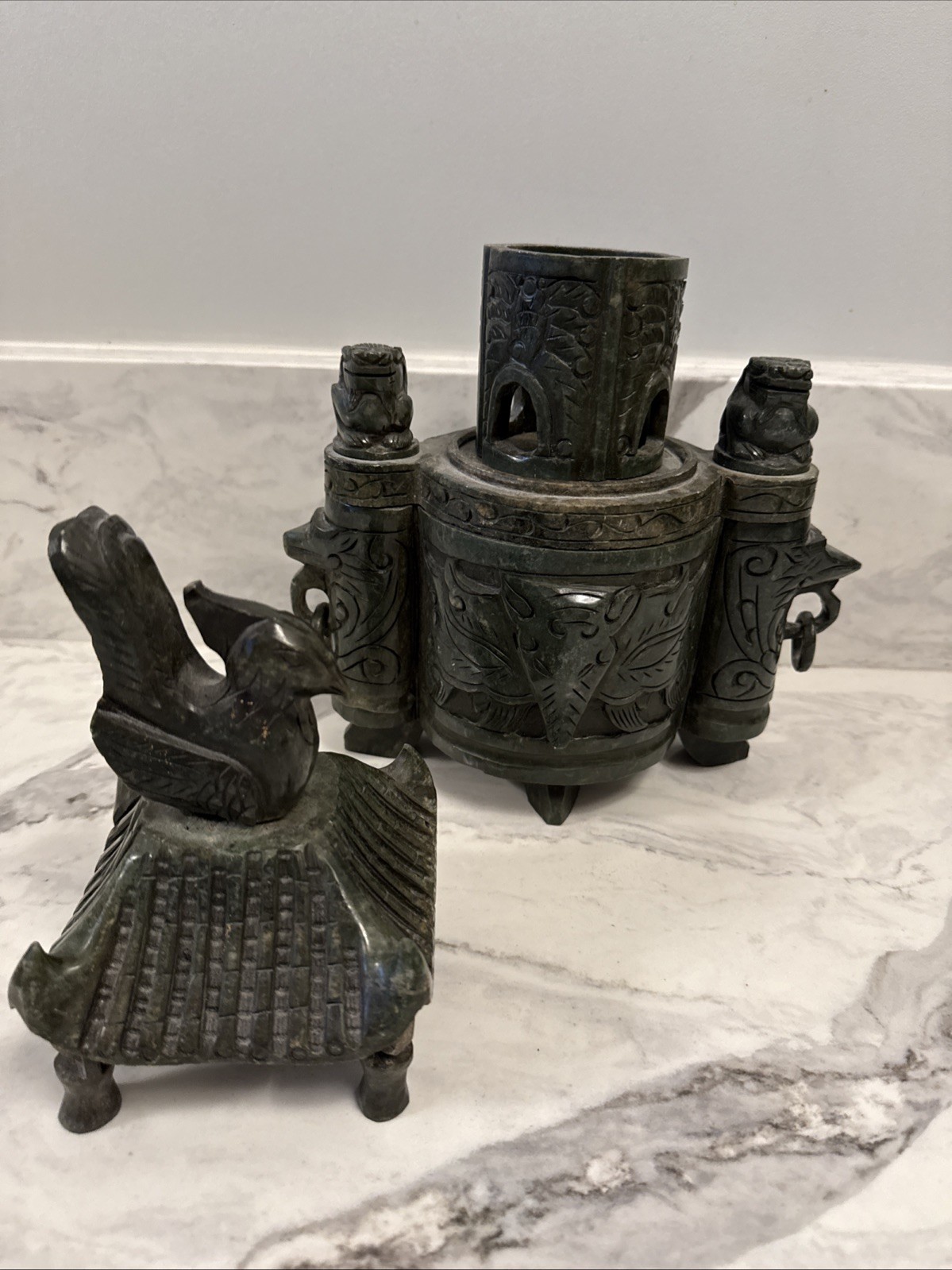 Large Vintage Chinese Deep Green Nephrite Jade Incense Burner 14”