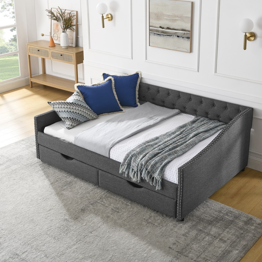 Full Size Daybed with Drawers Upholstered Tufted Sofa Bed, with Button on Back a