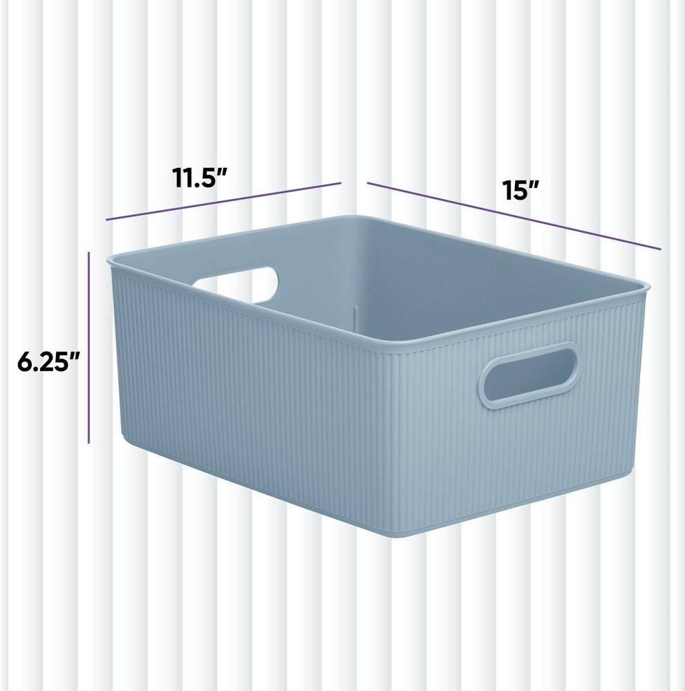 Superio 15L Medium Ribbed Storage Bin- Plastic Storage Bin (4 Pack, Stone Blue)