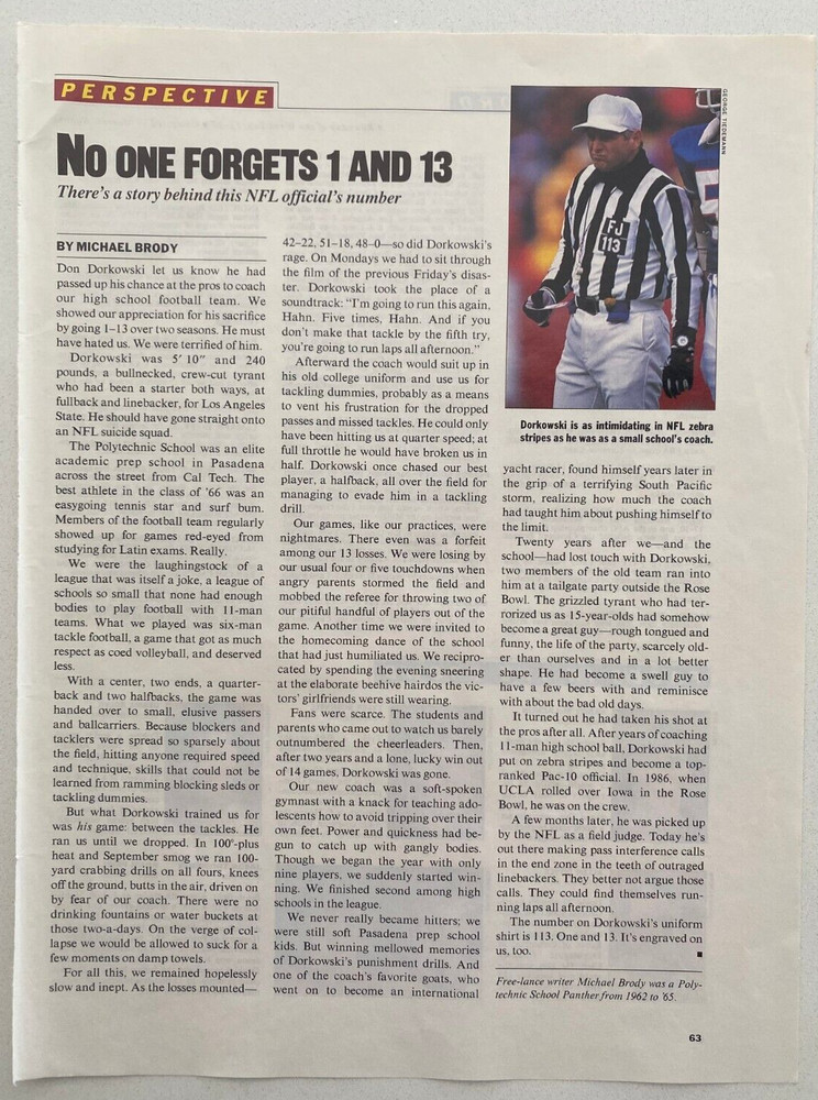 Ron Dorkowski Coach The Polytechnic School 1-13 NFL Ref Vintage 1988 Mag Article
