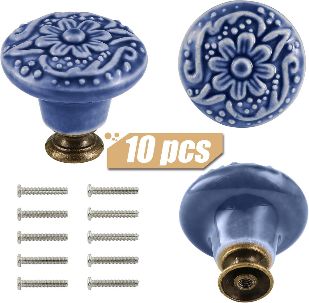 Greyish Blue Ceramic Knobs 10 Pack Flower Drawer Pulls Vintage Cabinet Knobs - A