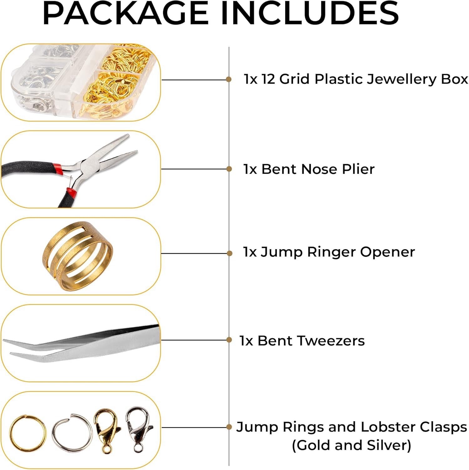 1200pcs Open Jump Rings and Lobster Clasps Jewelry Fixing Kit With Tools Gold/si