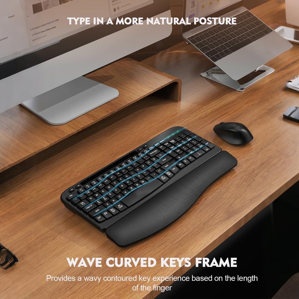 Wireless Keyboard and Mouse Combo, Wave Keys Full-Sized Ergonomic Keyboard wi...