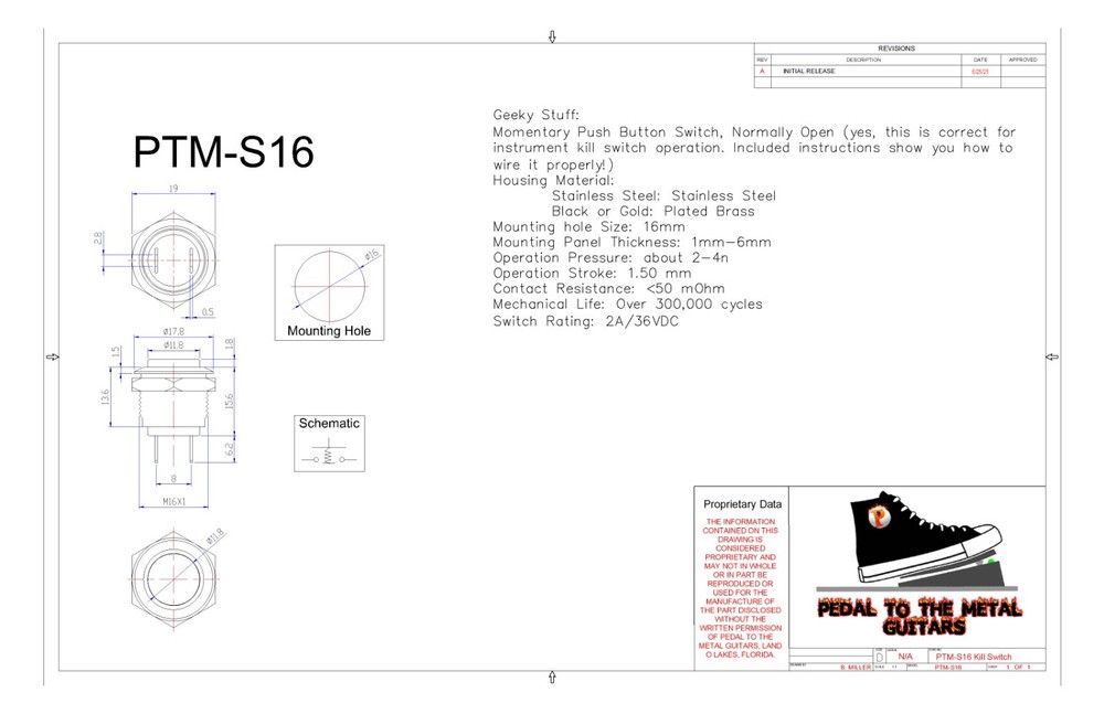 Guitar Kill Switch/Cutoff 16mm Momentary Push Button Full Kit Black