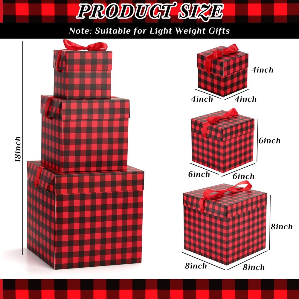 3 Pcs Christmas Nesting Gift Boxes Black Red Buffalo Plaid Stackable Boxes