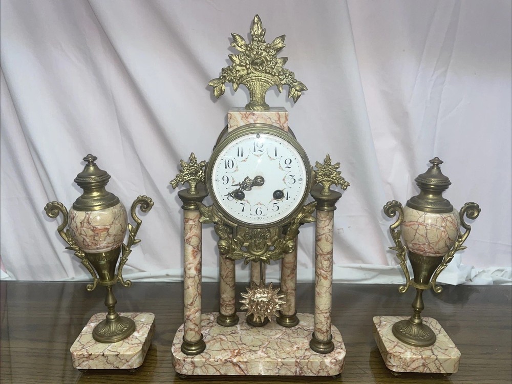 French Marble and Ormulo 5 Column Portico Clock Selsi Paris Three Piece Set