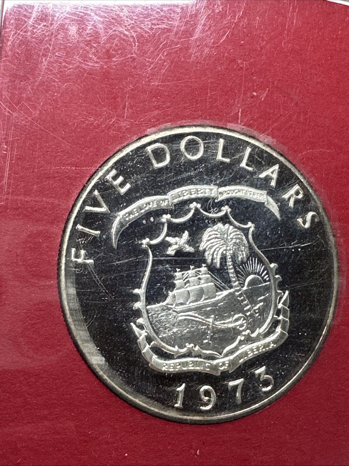 1973 LIBERIA - 5 DOLLARS - ELEPHANT - 1 Oz PROOF SILVER CROWN - US MINT RED CASE