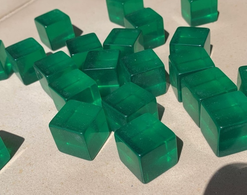 48 Old Bakelite or Lucite Green Translucent Cube Dice 3/4" diameter.