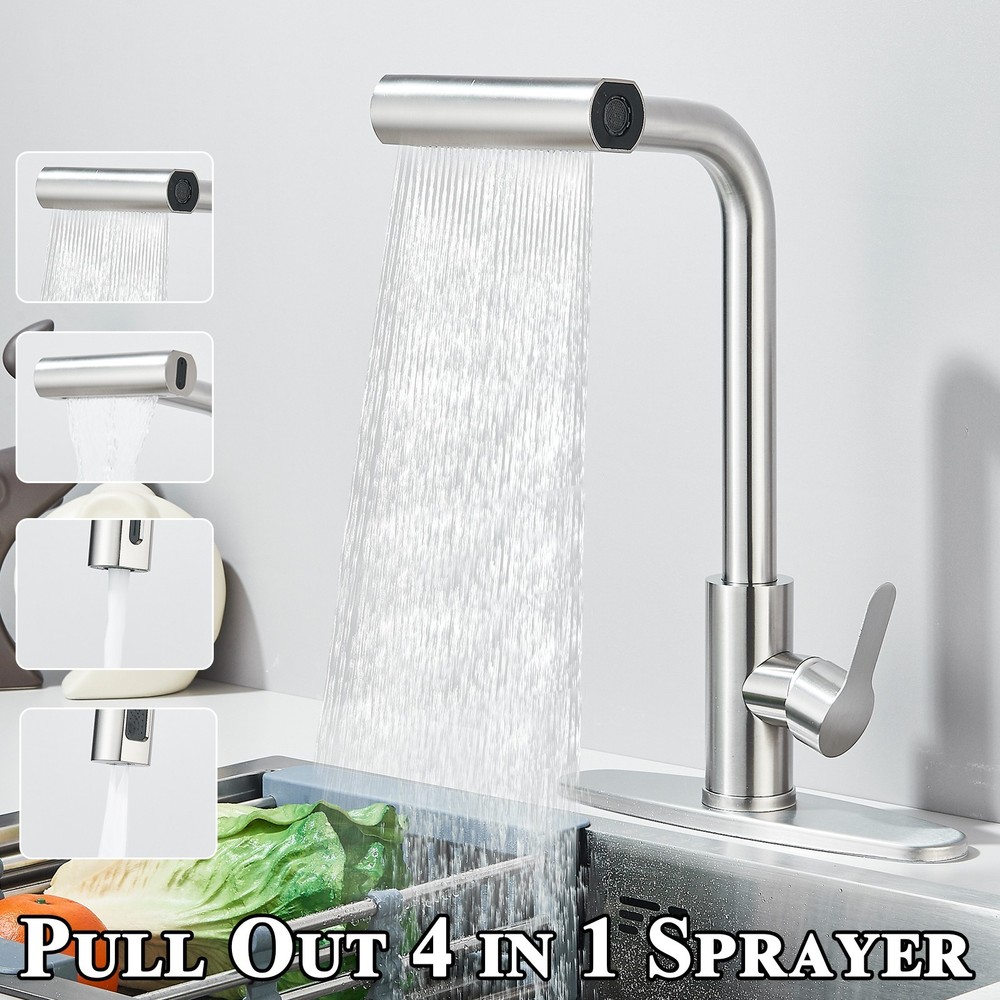 Brushed Nickel Kitchen Sink Faucet Pull Down Sprayer Single Handle Swivel Mixer