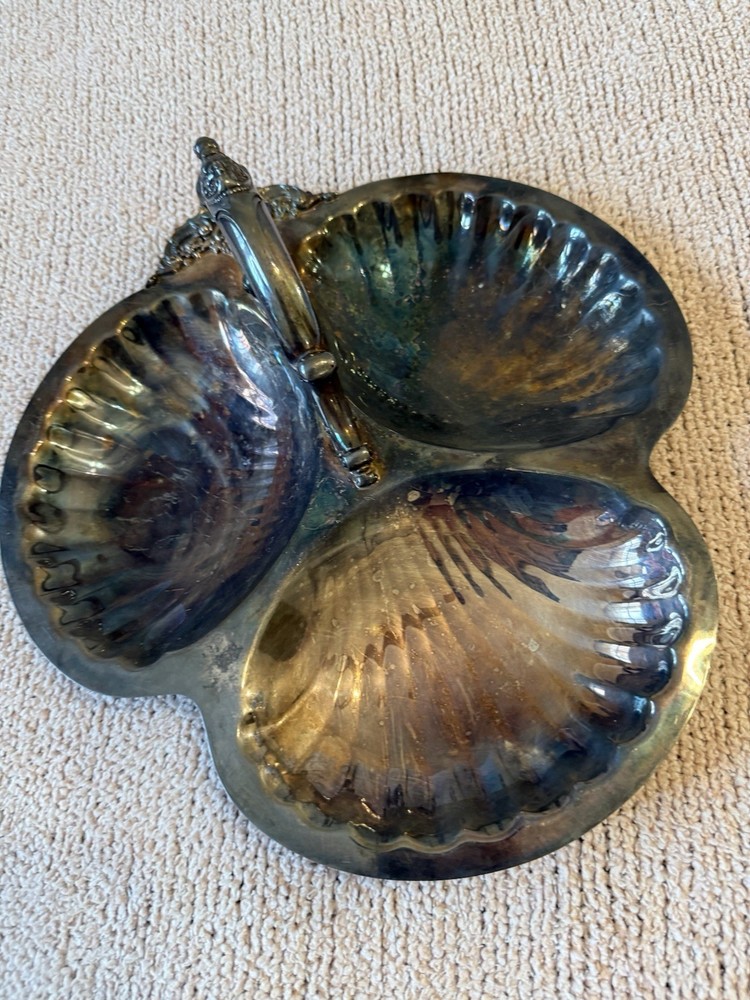 Serving tray vintage silver plate Shell- shaped Three Section Divided