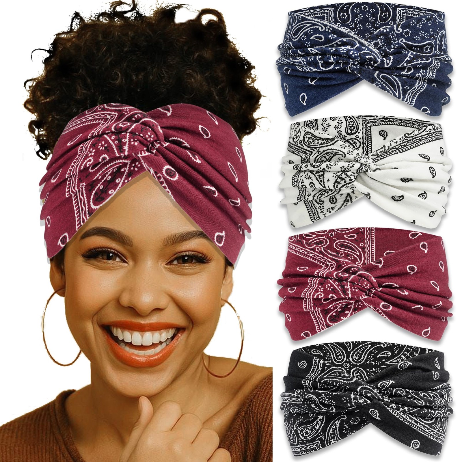 ZUYASEZ 4 Pack Wide Headbands for Women Paisley Twist Hair Bands Stretchy Cro...