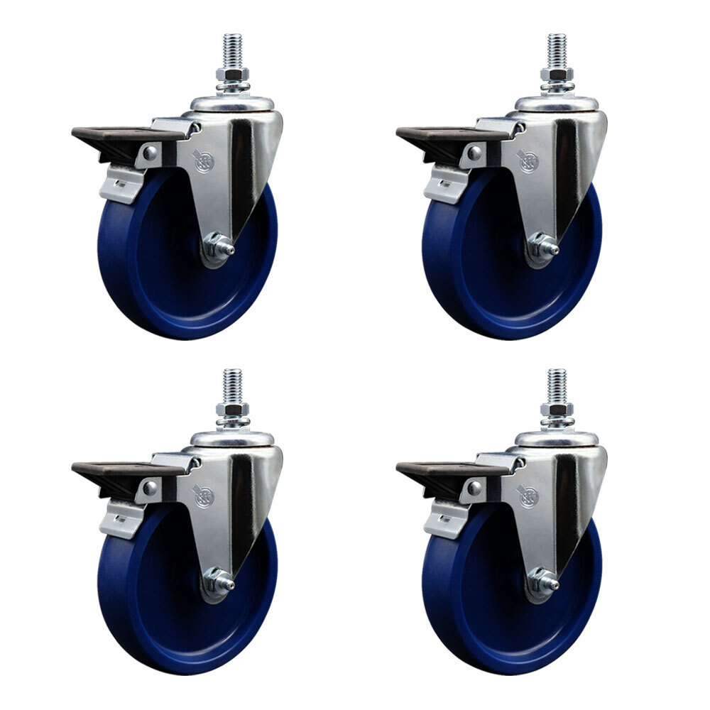 5 Inch Solid Polyurethane ½ Inch Threaded Stem Caster Set with Brake
