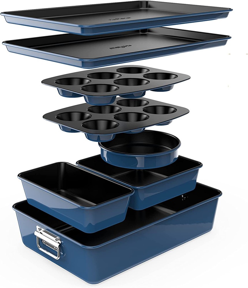 Nutrichef NCBKSTK9 8Pc Stackable Carbon Steel Bakeware-Blue
