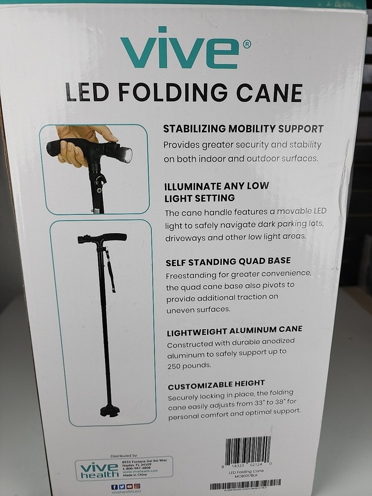 Vive Folding Walking Cane Black LED LIGHT ON HANDLE