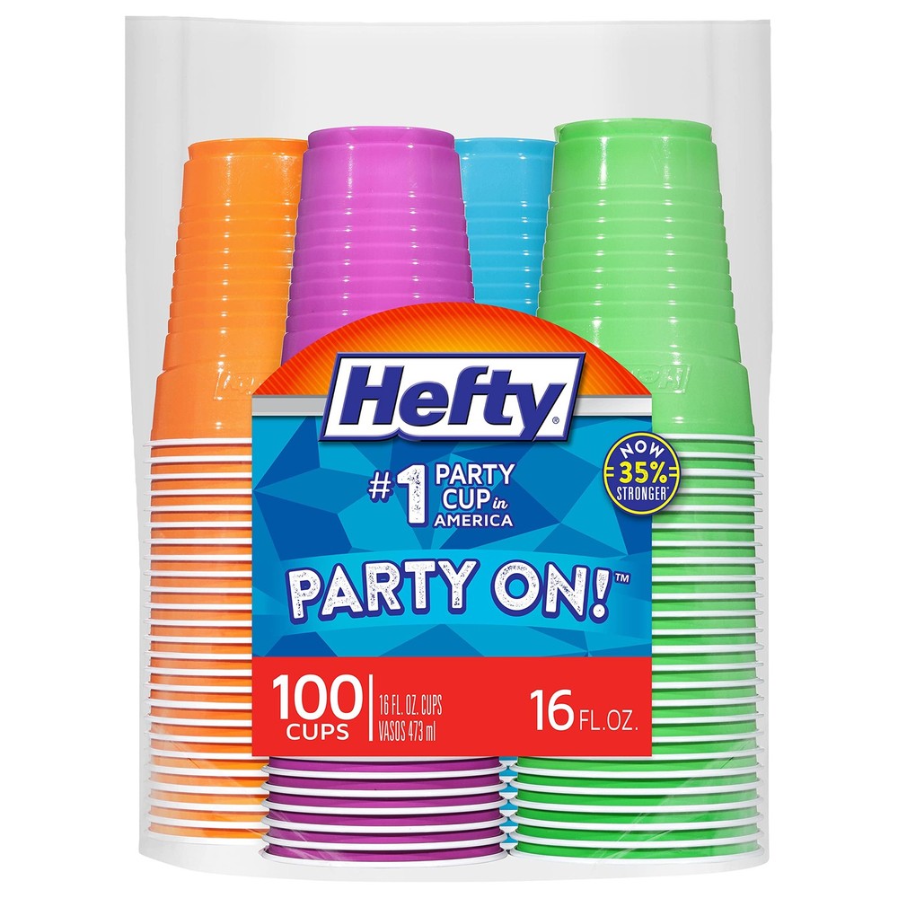 Hefty Party On Disposable Plastic Cups, Assorted, 100 count, Assorted Colors
