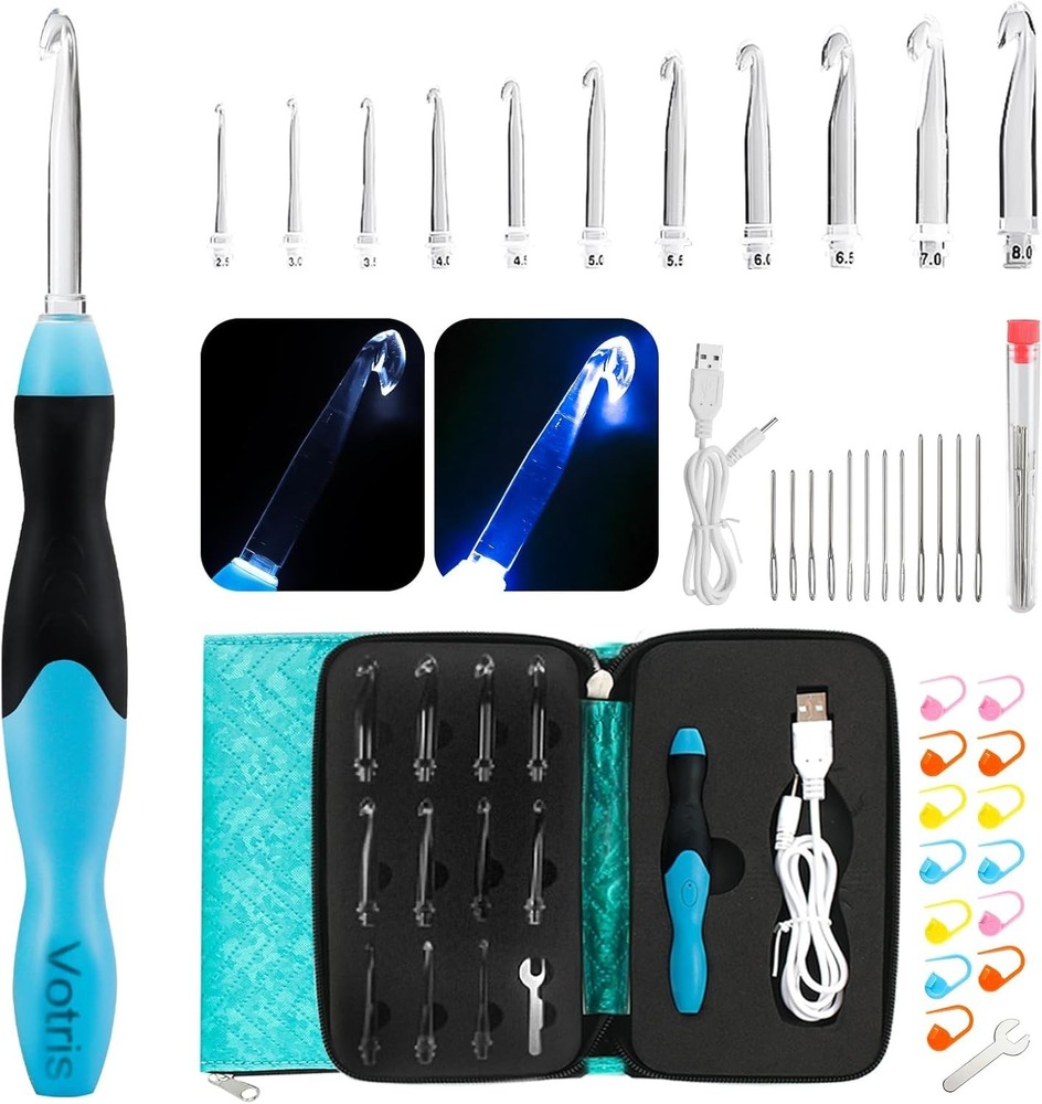 All-in-One Lighted Crochet Set - Ergonomic Hooks with Interchangeable Heads